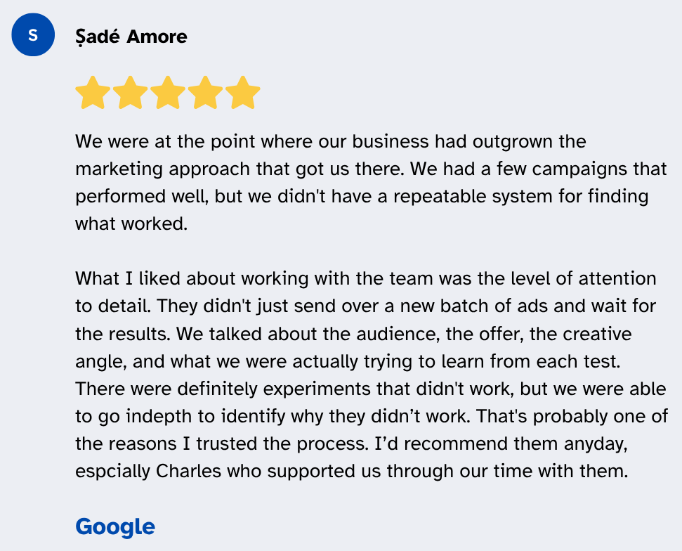 Client testimonial from Sadé Amore