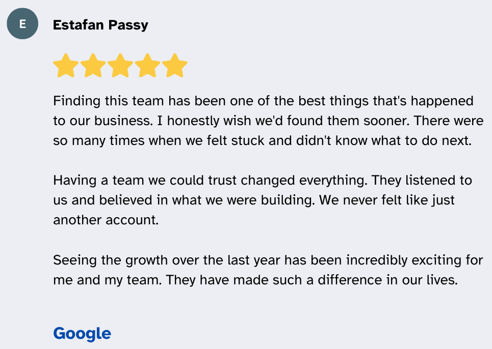 Client testimonial from Estafan Passy